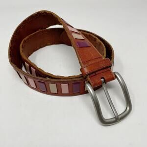 Vintage Y2K Fossil Leather Color Stripe Belt Brown Pink Beige Woven womens M